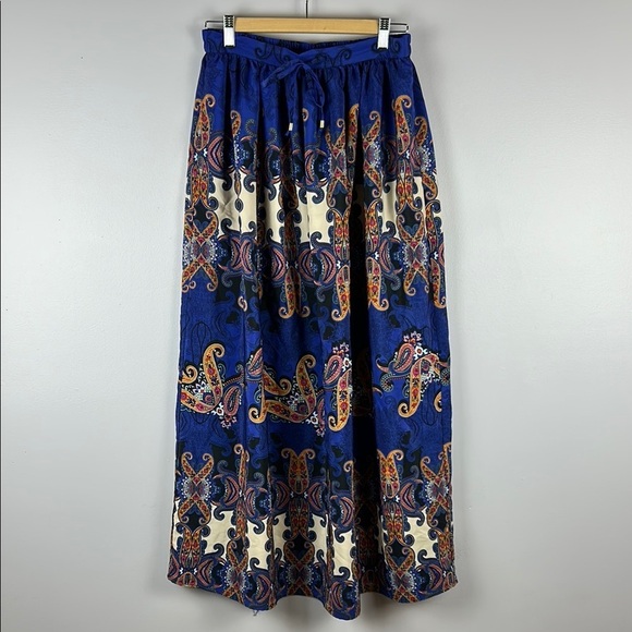 Mango Bohemian Paisley Floral Tie Waist A Line Pockets Maxi Skirt Small Blue - Picture 2 of 12